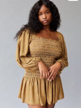 Urban Outfitters Francis Smocked Long Sleeve Plaid Mini Dress - Size XS
